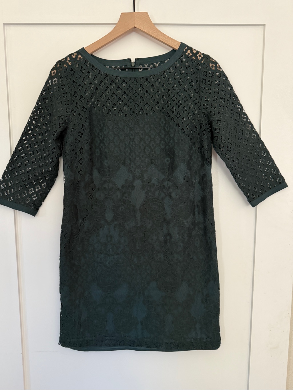 Ann Taylor Loft Dark Forest Green Lace Shift Dress 3/4 Sleeve Size 4
